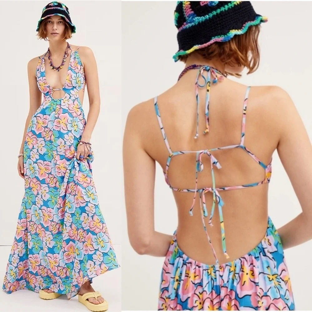 For Love & Lemons Yasmin Open Back Floral Cut Out Plunge Maxi Dress XL - Picture 10 of 11